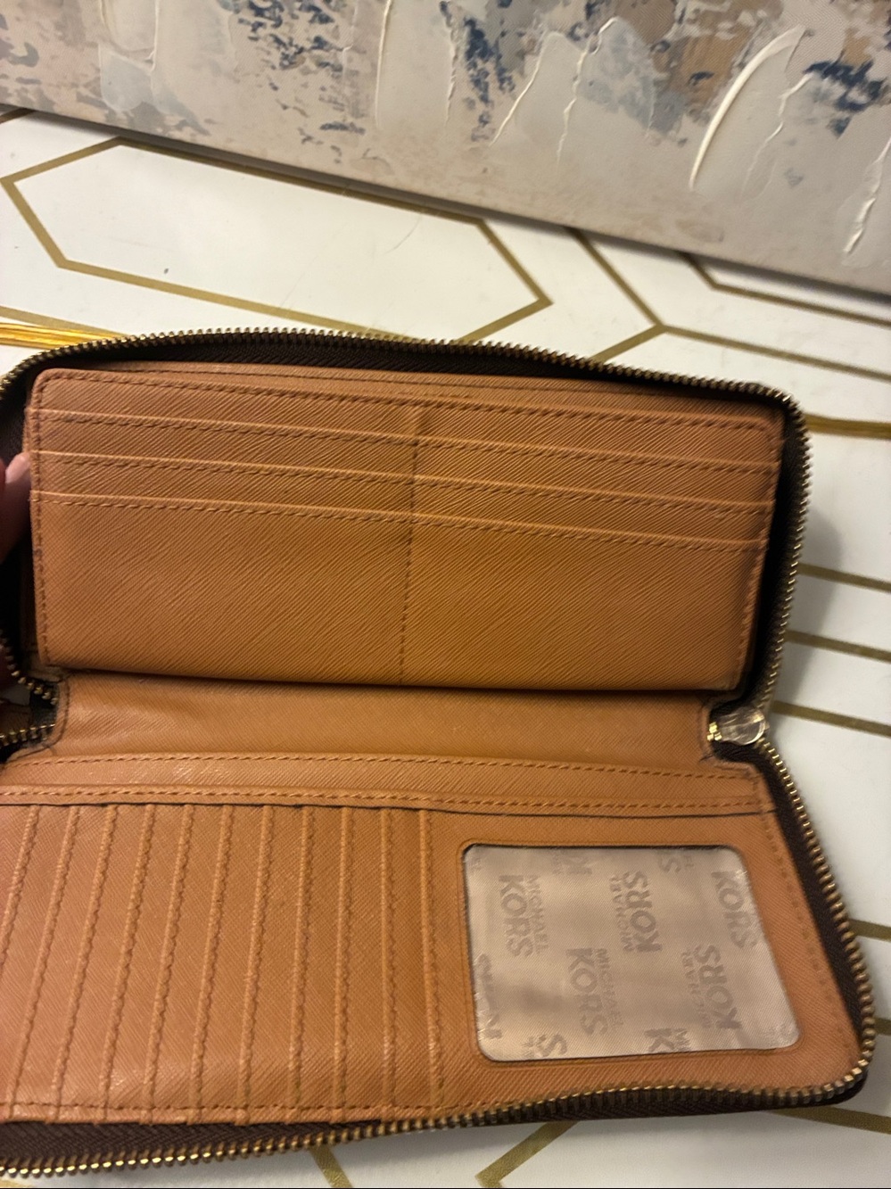 NWOT Michael Kors Dark Brown Logo Zip-Around Wristlet Wallet with Gold Hardware - Picture 3 of 14